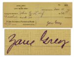 Zane Grey 1930 Handwritten Check Signed -- Prolific Author of Popular Western Novels