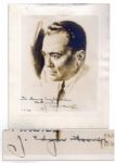 J. Edgar Hoover Signed Portrait Print -- From 1939 Sketch by Ripleys Cartoonist Paul Frehm -- To Horace McSpadden / Best wishes / 1.1.43 / J. Edgar Hoover -- 9.25 x 11  -- Very Good