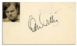 Orson Welles Signature on a 5 x 3 Card With Welles Photo Affixed -- Pencil Scratch, Else Near Fine