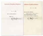 Katharine Hepburn Lot of Two Typed Notes Signed -- ...Yours is such a sweet letter...