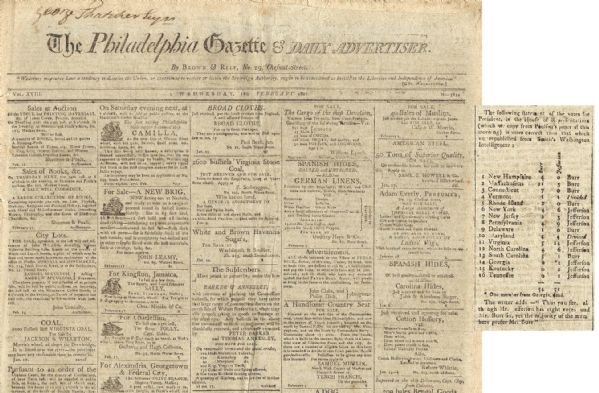 ''The Philadelphia Gazette and Daily Advertiser'' -- 18 February 1801 -- False Reporting That Burr Was Elected President