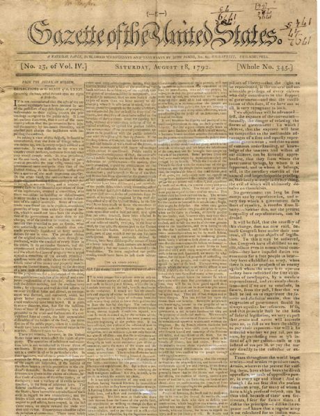 1792 Gazette of the United States -- Construction in Washington D.C. Begins as the New Nation's Capital