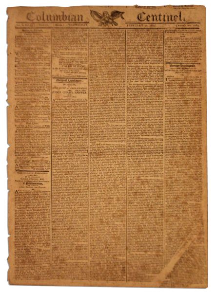 Boston ''Columbian Centinel'' of 27 February 1805 -- Thomas Jefferson's Re-election as President Announced -- 13'' x 19.5'' -- 4 Pages -- Very Good