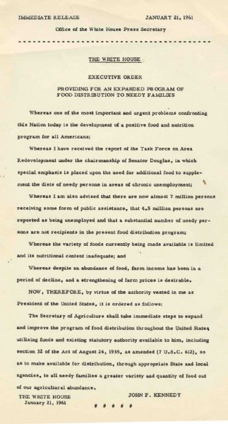 JFK's First Executive Order From His First Full Day in Office -- ''...Executive order providing for an expanded program of food distribution to needy families...''