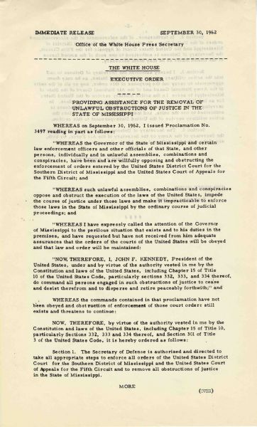 President John F. Kennedy Executive Order -- Concerning Mississippi's Civil Rights Violations -- 30 September 1962