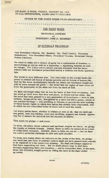 Original JFK Inaugural Address ''As Actually Delivered'' -- One of the Most Famous Speeches of All Time