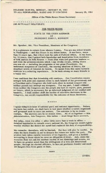 President John F. Kennedy's First State of the Union Address -- Original 1961 Press Release
