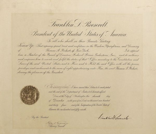 Franklin D. Roosevelt Large Document Signed as President