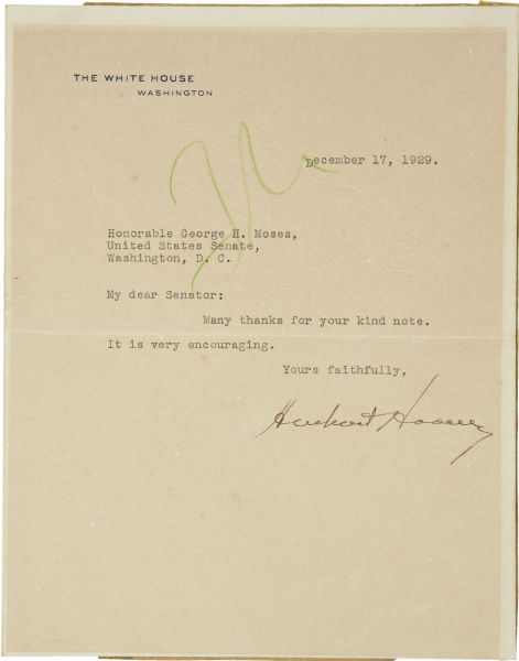 Herbert Hoover Typed Letter Signed as President -- Thanking Senator Moses of New Hampshire for His ''Kind Note''