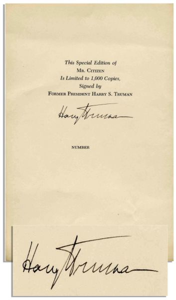 Excellent Harry Truman Signature -- Signed on the Special Edition Page of His 1960 Book ''Mr. Citizen'', Though Page Was Never Tipped Into the Book