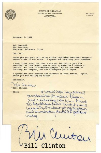Bill Clinton Autograph Note Signed Regarding Ronald Reagan -- '...I have a good relationship with him...''