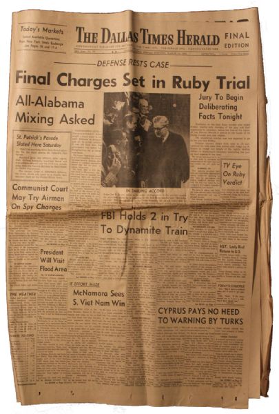 Original ''Dallas Times Herald'' 13 March 1964 Jack Ruby Trial Newspaper -- ''Defense Rests Case / Final Charges Set in Ruby Trial''