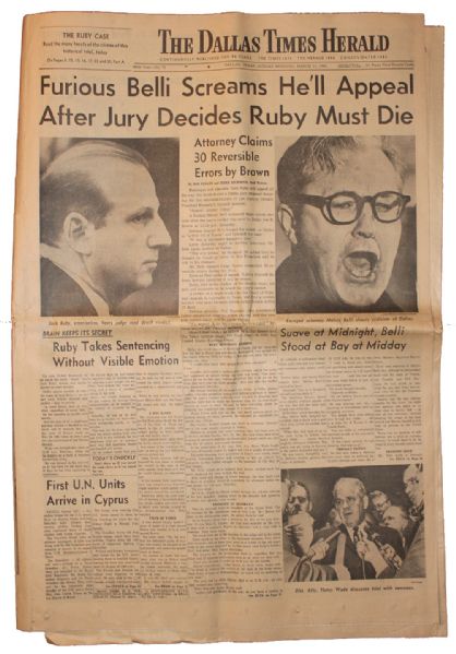 Rare ''Dallas Times Herald'' 15 March 1964 Jack Ruby Trial Newspaper -- ''...Jury Decides Ruby Must Die''