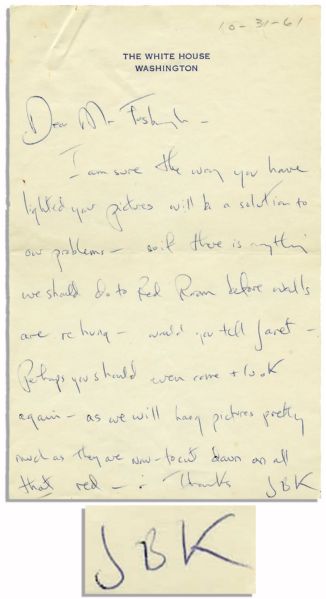 First Lady Jacqueline Kennedy 1961 Autograph Letter Signed -- Regarding the Redecorating of the White House Red Room -- ''...to cut down on all that red...''