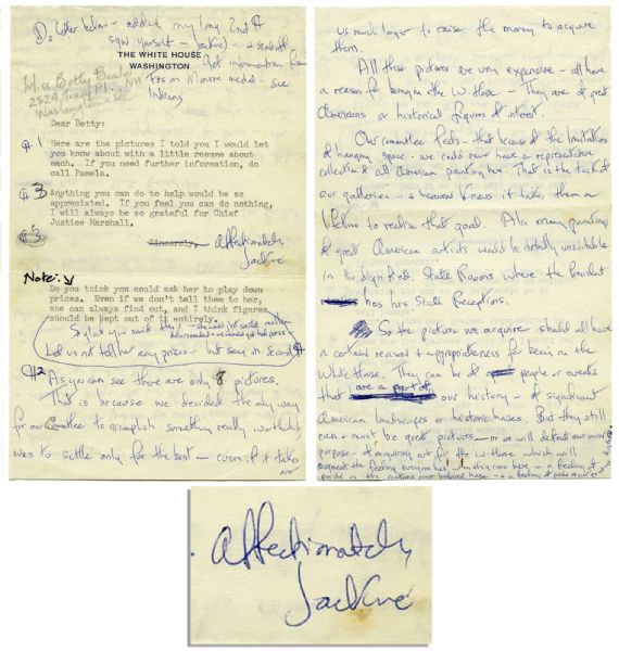 Jackie Kennedy Autograph Letter Signed as First Lady -- ''...acquiring art...will augment the feeling everyone has when they come here -- a feeling of pride in the nation's most beloved house...'