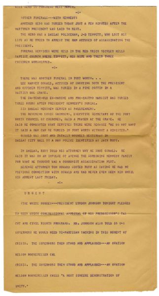 Teletype Regarding the Funerals of Lee Harvey Oswald and Dallas Police Officer J.D. Tippit, Killed While in Pursuit of Oswald -- ''...[Oswald] was buried in a pine coffin in a hastily dug graveâ€