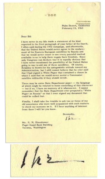 Dwight Eisenhower Letter Signed -- ''...Since only Congress can declare war...I have never mentioned the possibility of the United States going to war to aid one of these satellites...''