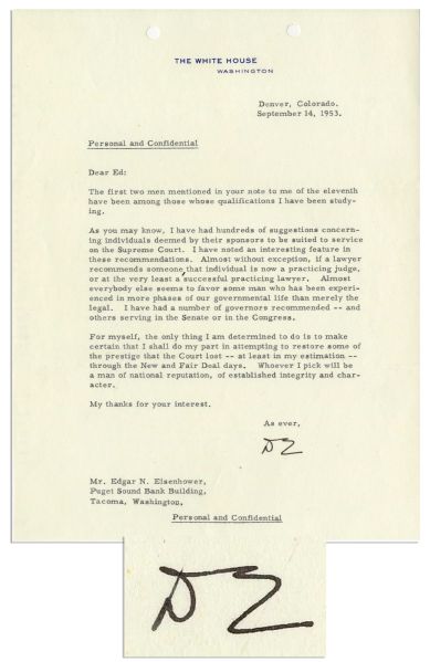 Eisenhower 1953 TLS on His Earl Warren Mistake Appointment -- ''...I shall...restore some of the prestige that the Court lost...through the New Deal and Fair Deal...''