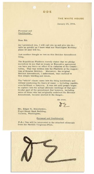 Eisenhower Typed Letter Signed as President -- ''...The 'which' clause came into the thing insidiously and without awakening the fears of many -- including capable, even brilliant -- lawyers...''