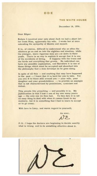 Dwight D. Eisenhower 1956 Typed Letter Signed as President -- Regarding the Earlier Loss of His First Son -- ''...lost a son of my own many years ago...I had to learn to accept or to go crazy...'