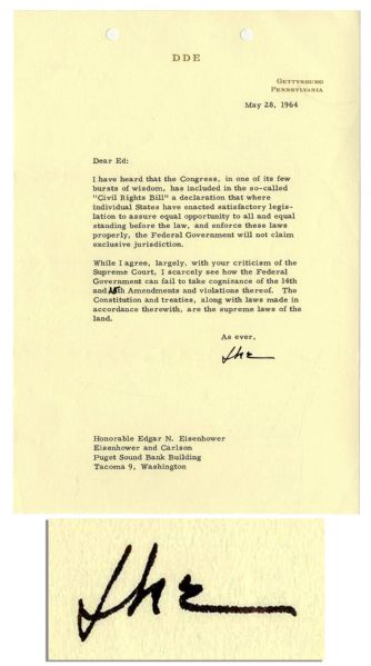 Dwight Eisenhower 1964 Typed Letter Signed, Regarding Civil Rights -- ''...I scarcely see how the Federal Government can fail to take cognizance of the 14th and 15th Amendments and violations the