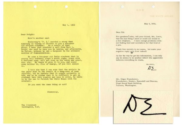 Humorous Dwight D. Eisenhower Typed Letter Signed -- ...For goodness sake, tell your friend, Mr. Irwin, that the last thing I need or could use would be a live elephant...