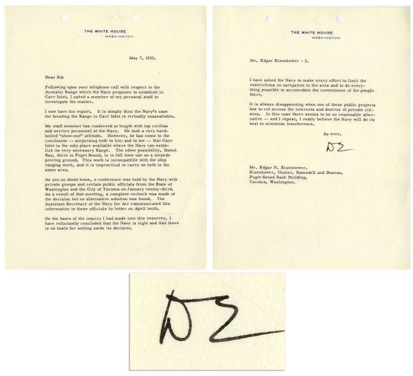 Dwight D. Eisenhower Typed Letter Signed as President -- Regarding a Navy Acoustic Range -- ''...Carr Inlet is the only place available where the Navy can establish its very necessary Range...''