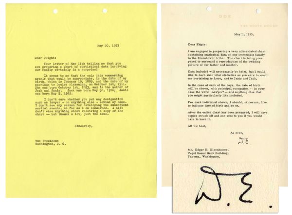 Dwight D. Eisenhower Typed Letter Signed as President --  ''...I am engaged in preparing a...chart containing statistical data on our immediate family in the Eisenhower tribe...''