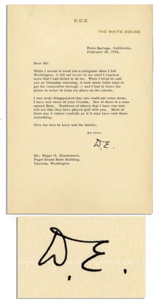 Dwight D. Eisenhower Typed Letter Signed as President -- Addressed to His Brother, Edgar, From Palm Springs -- ''...I was truly disappointed that you could not come down...'' 
