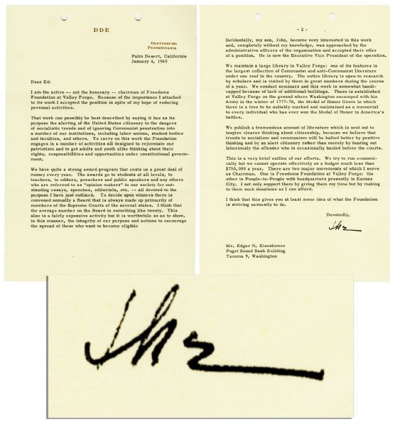 Dwight D. Eisenhower 1965 Typed Letter Signed to Brother Edgar Eisenhower -- ''...we believe that trends to socialism and communism will be halted better by positive thinking and by an alert citi