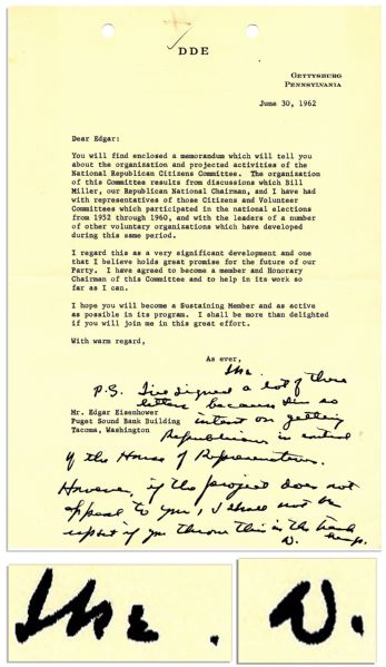 Dwight Eisenhower Typed Letter Twice-Signed With Autograph Postscript -- ''...if the project does not appeal to you you, I shall not be upset if you throw this in the trash...''