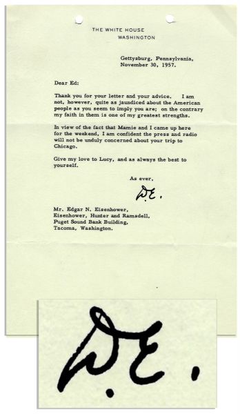 Dwight Eisenhower Typed Letter Signed As President to Brother Edgar Eisenhower -- ''...my faith in them [the American people] is one of my greatest strengths...'' 