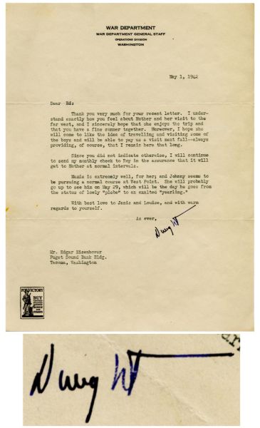 Dwight Eisenhower 1942 Typed Letter Signed ''Dwight'' on War Department Letterhead