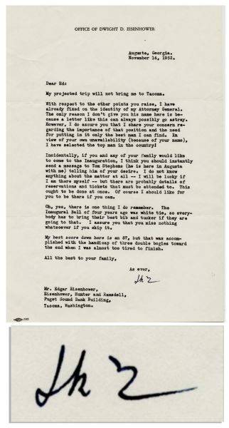 Dwight Eisenhower Typed Letter Signed as President-Elect -- Regarding His Attorney General Appointment, Inauguration Plans & Golf Game