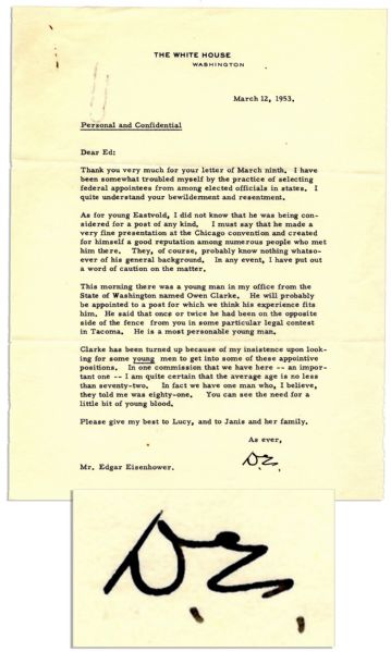 Dwight Eisenhower Typed Letter Signed as President -- ''...In one commission...I am quite certain that the average age is no less than seventy-two...You can see the need for a little bit of young