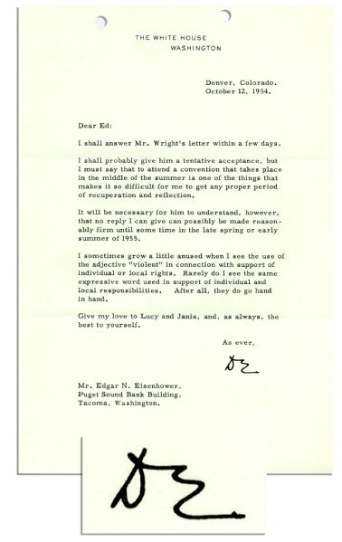 Dwight Eisenhower Typed Letter Signed as President -- ''...I sometimes grow a little anused [sic] when I see the use of the adjective 'violent' in connection with support of individual or local r