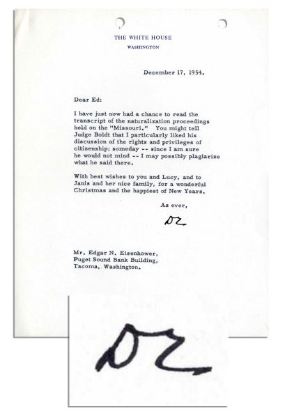 Dwight Eisenhower Typed Letter Signed as President -- ''...I particularly liked [Federal Judge Boldt's] discussion of the rights and privileges of citizenship...'' -- 1954