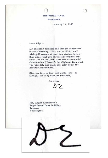 Dwight Eisenhower Typed Letter Signed as President -- ''...I shall wish golf scores...lower than mine...and quiet about the Bricker Amendment...'' -- 1955
