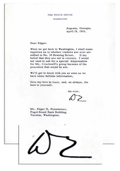 Dwight Eisenhower Presidential Typed Letter Signed -- ''...I shall make inquiries as to whether visitors are ever admitted to No. 10 Downing Street...'' -- 1955