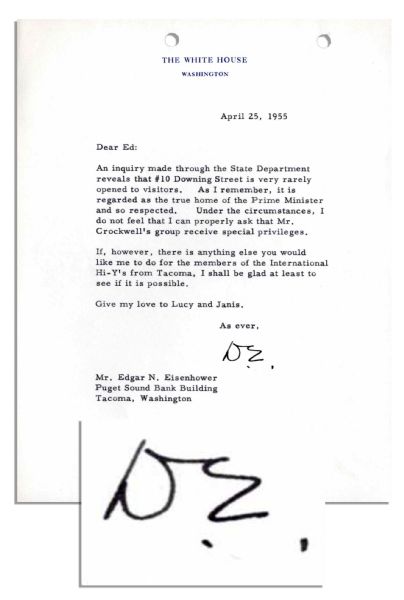Dwight Eisenhower Presidential Typed Letter Signed -- ''...#10 Downing Street is very rarely opened to visitors...'' -- 1955
