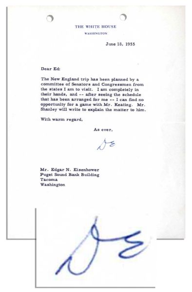 Dwight Eisenhower Typed Letter Signed as President -- ''...The New England trip has been planned by a committee of Senators and Congressmen...I am completely in their hands...'' -- 1955