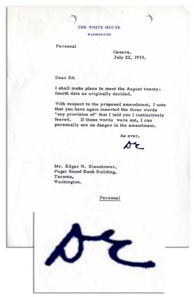 Dwight Eisenhower Presidential Typed Letter Signed -- ''...you have again inserted the three words...I instinctively feared...'' -- 1955