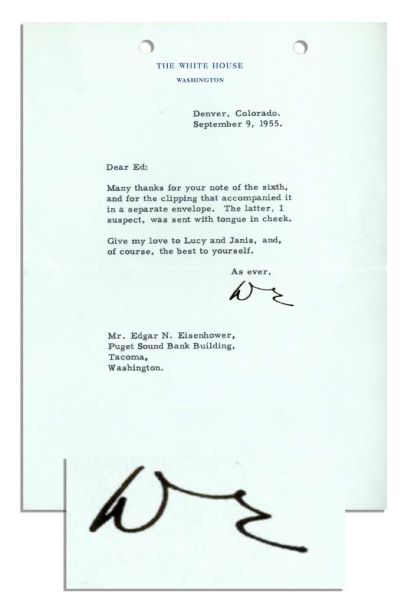 Dwight Eisenhower Presidential Typed Letter Signed -- ''...the [clipping you sent me] I suspect, was sent with tongue in cheek...'' -- Dated September 1955, Two Weeks Before His Heart Attack