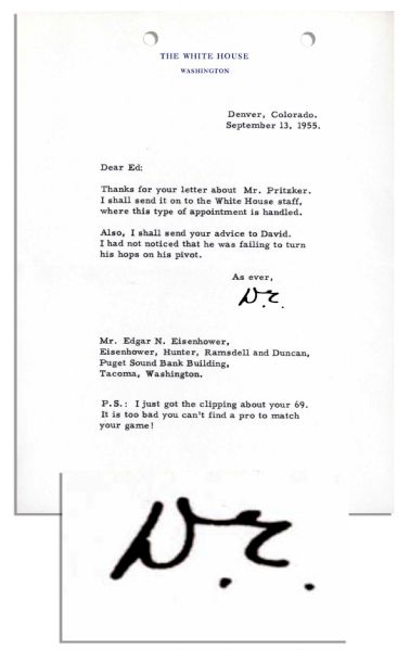 Dwight Eisenhower Typed Letter Signed as President 11 Days Before His Heart Attack -- ''...It is too bad you can't find a pro to match your [golf] game!...'' -- 13 September 1955