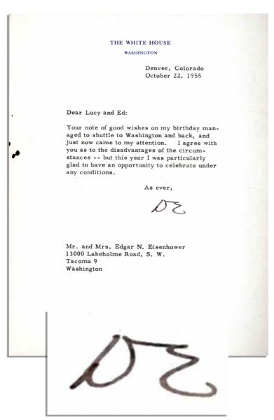 Dwight Eisenhower Typed Letter Signed as President After Heart Attack -- ''...I was glad...to...celebrate [my birthday] under any conditions...'' -- 1955