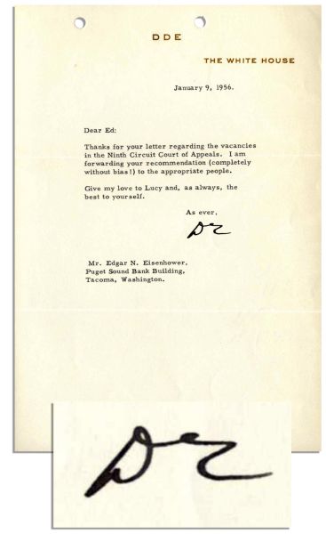 Dwight Eisenhower Typed Letter Signed as President to His Brother -- ''...I am forwarding your recommendation (completely without bias!)...'' -- 1956