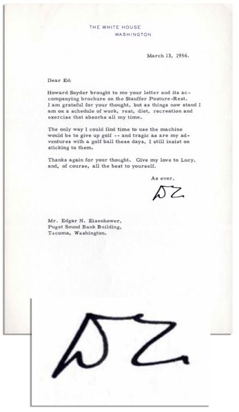 Dwight Eisenhower Typed Letter Signed as President -- ''...tragic as are my adventures with a golf ball these days, I still insist on sticking to them...'' -- 1956