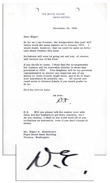 Dwight Eisenhower Typed Letter Signed as President Regarding 2nd Inaugural Ceremony -- ''...I shall...send all of [our family] invitations as souvenirs...'' -- 1956