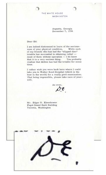 Dwight Eisenhower Typed Letter Signed as President to His Brother -- ''...I am indeed distressed to learn of your physical condition...'' -- 1956
