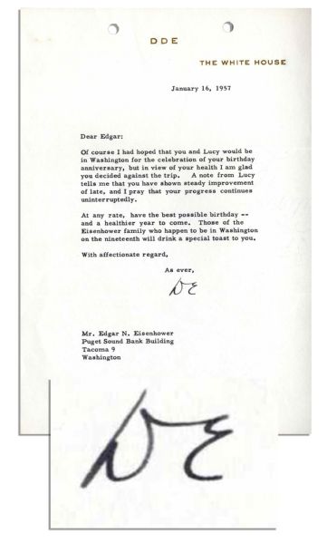 Dwight Eisenhower Typed Letter Signed as President -- ''...those of the Eisenhower family...in Washington on the nineteenth will drink a special toast to you...'' -- 1957